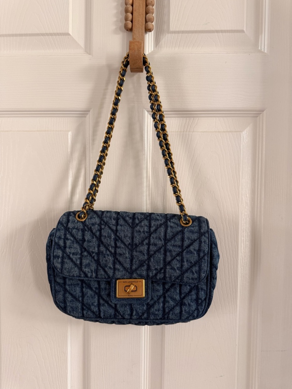 Karl Lagerfeld Quilted Denim Shoulder Bag with Chain Strap - Navy